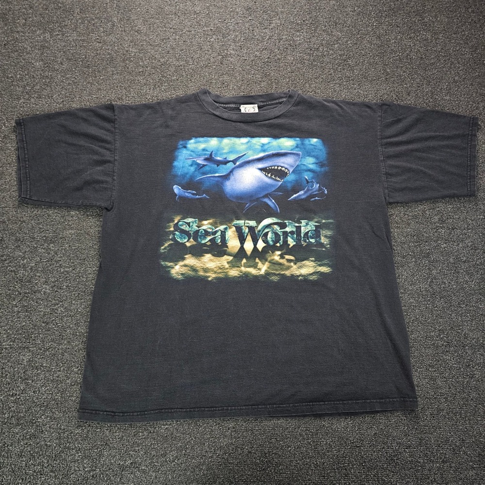 Vintage SeaWorld Shark T-Shirt Mens XXL Black Cotton Expressions 90s y2k‎ Surf
